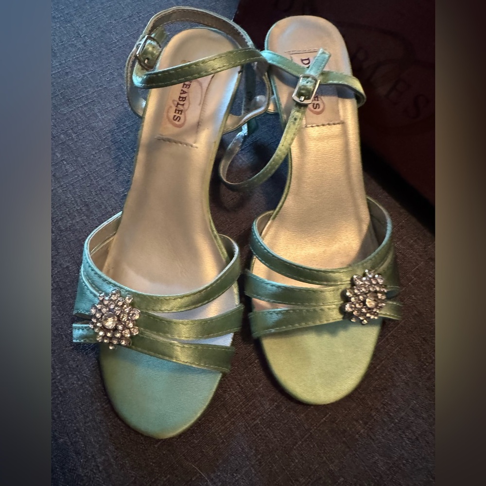 Love Green Satin Sandals with Crystal Accents